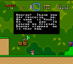Hooray! Thank you for rescuing me. My name is Yoshi. On my way to rescue my friends, Bowser trapped me in that egg.