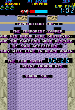 CONGRATURATIONS ! THE TERRORIST,ZAPPER AND HIS GROUP WERE DESTROYED, AND THE CAPTIVES WERE RESCUED BY YOUR ACTIVITIES. THEY WILL LIVE IN PEACE AGAIN.